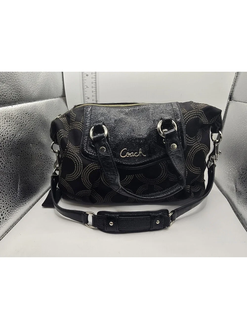 Authentic Coach Ashley Dotted OP Art Satchel Hand Bag Purse F20027 Black